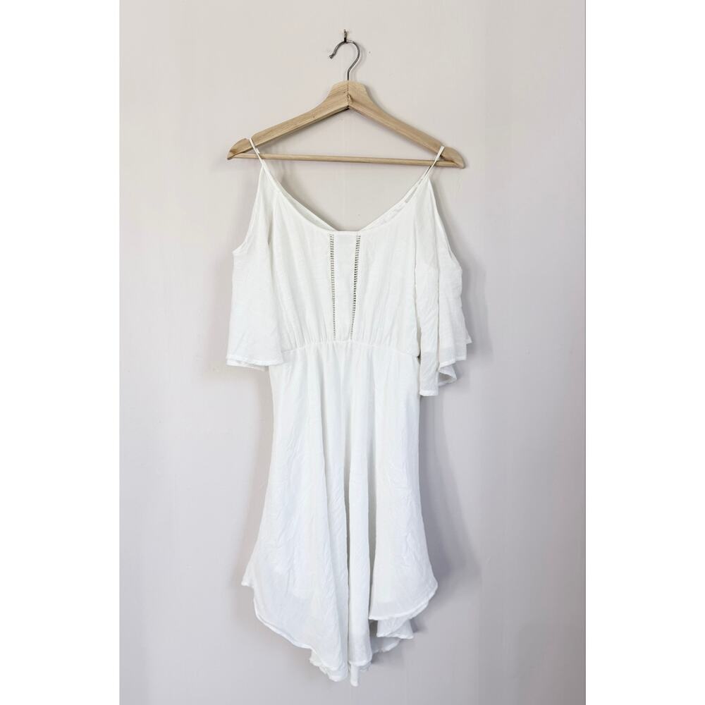 GB White Cold Shoulder Boho Dress Flowy Crochet Trim Summer Mini Dress Small